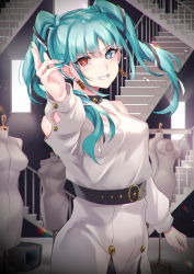 Rule 34 | 1girl, aqua hair, aqua nails, bare shoulders, belt, black choker, black ribbon, blue eyes, choker, chromatic aberration, cleavage cutout, clenched hand, clenched teeth, clothing cutout, dilemma (vocaloid), earrings, eyelashes, eyes visible through hair, fingernails, hair between eyes, hair ribbon, hatsune miku, heart, heart earrings, heterochromia, highres, inue ao, jewelry, light particles, light rays, long eyelashes, long fingernails, long hair, mannequin, nail polish, red eyes, ribbon, shoulder cutout, solo, stairs, teeth, television, twintails, vocaloid, white ribbon, window shadow, yellow pupils