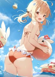Rule 34 | 1girl, :d, ahoge, ass, ball, bikini, blonde hair, blue sky, breasts, chintora0201, cloud, day, fang, frilled bikini, frills, from behind, genshin impact, highres, holding, holding ball, klee (genshin impact), looking at viewer, ocean, open mouth, partially submerged, patreon username, red bikini, red eyes, short hair, skin fang, sky, small breasts, smile, sunlight, swimsuit