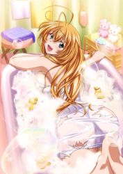 Rule 34 | 00s, 1girl, barefoot, bath, feet, green eyes, ikkitousen, indoors, light brown hair, long hair, looking at viewer, naked towel, official art, open mouth, side ponytail, solo, sonsaku hakufu, torn clothes, towel, white towel
