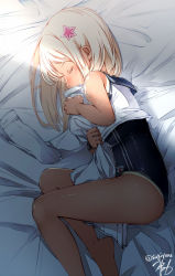 Rule 34 | 10s, 1girl, bare arms, bare legs, bare shoulders, barefoot, bed sheet, black one-piece swimsuit, blonde hair, character name, competition school swimsuit, crop top, closed eyes, fetal position, from above, hair ornament, hairpin, japanese flag, kantai collection, long hair, lying, military, military uniform, morning, naval uniform, hugging object, on side, one-piece swimsuit, ro-500 (kancolle), school swimsuit, shirt, sleeping, sleeveless, sleeveless shirt, solo, sugiyuu, swimsuit, tan, tanline, uniform, white shirt