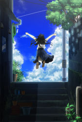 Rule 34 | 1girl, amemura, amemura (caramelo), arms up, black hair, cat, cloud, contrail, day, from behind, jumping, long hair, original, plant, potted plant, skirt, sky, solo, stairs, tree, wind chime