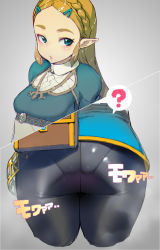 Rule 34 | 1girl, ?, ass, ass focus, breasts, commentary request, forehead, green eyes, grey background, highres, looking at viewer, mg no29, multiple views, namaniku atk, nintendo, pants, pantylines, parted lips, pointy ears, princess zelda, small breasts, spoken question mark, the legend of zelda, the legend of zelda: breath of the wild, tight clothes, tight pants, translation request
