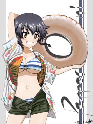 Rule 34 | 10s, 1girl, 2017, bikini, bikini under clothes, black hair, braid, breasts, brown eyes, brown shorts, bukkuri, character name, cleavage, cowboy shot, dated, dress shirt, girls und panzer, grin, hawaiian shirt, highres, innertube, large breasts, looking at viewer, navel, o-ring, o-ring top, open clothes, open fly, open shirt, pepperoni (girls und panzer), shirt, short hair, shorts, side braid, signature, smile, solo, striped bikini, striped clothes, swim ring, swimsuit, swimsuit under clothes