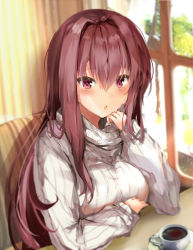 Rule 34 | 1girl, bad id, bad pixiv id, blush, coffee, fate/grand order, fate (series), indoors, long hair, long sleeves, looking at viewer, pon (ponidrop), red eyes, red hair, scathach (fate), sketch, solo, sweater, turtleneck, turtleneck sweater, white sweater, window