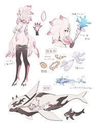 Rule 34 | 1girl, absurdres, armlet, ass, breasts, character sheet, circlet, colored skin, coral, fewer digits, fish, fish girl, from behind, full body, highres, holding, holding staff, inu fuji, jellyfish, large breasts, monster girl, multicolored skin, original, pink skin, red eyes, staff, suction cups, swimming, tentacle hair, thighlet, translation request, webbed feet, webbed hands
