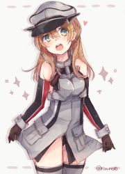 Rule 34 | 1girl, :d, bare shoulders, bismarck (kancolle), bismarck (kancolle) (cosplay), blonde hair, blush, brown gloves, cosplay, detached sleeves, gloves, green eyes, grey thighhighs, hat, heart, kantai collection, long hair, military, military uniform, open mouth, peaked cap, prinz eugen (kancolle), riruno, smile, solo, sparkle, thighhighs, twitter username, uniform