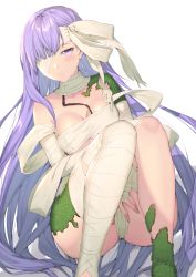 Rule 34 | 1girl, ass, bandage over one eye, bandaged arm, bandaged head, bandaged leg, bandages, between legs, blush, breasts, fate/grand order, fate (series), hand between legs, highres, itohana, kingprotea (fate), light purple hair, long hair, looking at viewer, medium breasts, moss, naked bandage, purple eyes, simple background, solo, very long hair, white background