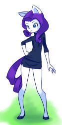 Rule 34 | 1girl, animal ears, black dress, black footwear, blue eyes, colored skin, drantyno, dress, grass, hand on own hip, hasbro, highres, horse ears, horse girl, horse tail, long hair, long sleeves, my little pony, my little pony: equestria girls, my little pony: friendship is magic, purple hair, rarity (my little pony), shoes, standing, tail, white skin