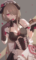 Rule 34 | 1girl, absurdres, ai dongdong, apron, black gloves, black hairband, breasts, brown gloves, brown hair, cake, cake slice, center frills, cherry, cleavage, commentary request, elbow gloves, fingerless gloves, fishnet gloves, fishnets, flower, food, food in mouth, frilled apron, frilled hairband, frills, fruit, gloves, grey background, hair over one eye, hairband, highres, holding, holding plate, honkai (series), honkai impact 3rd, horns, large breasts, long hair, mouth hold, petals, plate, puffy short sleeves, puffy sleeves, red eyes, red flower, red rose, rita rossweisse, rita rossweisse (umbral rose), rose, short sleeves, single elbow glove, single fingerless glove, solo, very long hair, waist apron, white apron