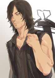 Rule 34 | 1boy, animification, blue eyes, bow (weapon), brown hair, crossbow, daryl dixon, isa (peien516), long hair, male focus, mole, muscular, solo, squinting, the walking dead, torn clothes, torn sleeves, upper body, vest, wavy hair, weapon