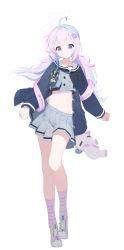 Rule 34 | 1girl, ahoge, black jacket, black neckerchief, blue archive, blue eyes, blue hair, full body, grey skirt, hair ornament, halo, highres, jacket, long hair, looking at viewer, low twintails, midriff, mishuo (misuo69421), multicolored hair, navel, neckerchief, pink footwear, pink hair, pink socks, pleated skirt, reisa (blue archive), school uniform, serafuku, shoes, simple background, skirt, sneakers, socks, solo, star (symbol), star hair ornament, stomach, striped clothes, striped socks, twintails, two-tone hair, white background