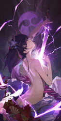 Rule 34 | 1girl, absurdres, ass, back, braid, breasts, butt crack, closed mouth, completely nude, dark background, electricity, flower, from side, genshin impact, hair flower, hair ornament, head tilt, highres, holding, holding sword, holding weapon, human scabbard, japanese clothes, katana, kimono, large breasts, long hair, looking at viewer, looking back, low-braided long hair, low-tied long hair, mitsudomoe (shape), mole, mole under eye, musou isshin (genshin impact), nude, off shoulder, purple eyes, purple flower, purple hair, purple kimono, raiden shogun, serie niai, sideboob, solo, sword, tomoe (symbol), unworn kimono, very long hair, weapon