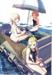 Rule 34 | 10s, 3girls, ass, assam (girls und panzer), bikini, blonde hair, blue eyes, blue one-piece swimsuit, braid, breasts, butt crack, character name, collarbone, cup, darjeeling (girls und panzer), english text, girls und panzer, hair ribbon, hair slicked back, highres, holding, holding cup, large breasts, light smile, long hair, looking at viewer, looking back, motor vehicle, multiple girls, nenchi, one-piece swimsuit, open mouth, orange hair, orange pekoe (girls und panzer), pouring, ribbon, saucer, scan, short hair, side-tie bikini bottom, sideboob, sitting, small breasts, smile, st. gloriana&#039;s (emblem), swimsuit, tea, teacup, teapot, thighs, twin braids, universal carrier, wading, water, wet, white bikini