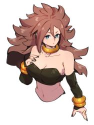 Rule 34 | 1girl, android 21, bare shoulders, black nails, blue eyes, bracelet, breasts, choker, cleavage, closed mouth, collarbone, dragon ball, dragon ball fighterz, fingernails, hair between eyes, hand on own chest, jewelry, kemachiku, long hair, looking at viewer, majin android 21, medium breasts, nail polish, navel, red hair, solo, upper body, yellow choker