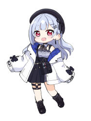 Rule 34 | 1girl, :d, absurdres, bag, bare shoulders, beret, black footwear, black hat, black skirt, chibi, commentary, fishnet thighhighs, fishnets, full body, grey hair, grey shirt, hair ornament, hairclip, hakase fuyuki, hat, highres, jacket, long hair, long sleeves, nijisanji, nozo (hitomiz), open clothes, open jacket, open mouth, pleated skirt, puffy long sleeves, puffy sleeves, red eyes, shirt, shoes, shoulder bag, simple background, single thighhigh, skirt, sleeves past fingers, sleeves past wrists, smile, solo, teeth, thighhighs, upper teeth only, very long hair, vial, virtual youtuber, white background, white jacket