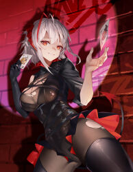 Rule 34 | 1girl, absurdres, ambience synesthesia, arknights, black gloves, black pantyhose, black thighhighs, breasts, brick wall, card, cleavage, cowboy shot, demon girl, demon horns, demon tail, elbow gloves, gloves, grey hair, highres, holding, holding card, hongbaise raw, horns, medium breasts, pantyhose, parted lips, red eyes, single glove, smile, solo, tail, thighhighs, thighhighs over pantyhose, thighs, torn clothes, w (arknights), w (wanted) (arknights), yellow eyes