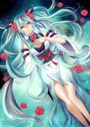 Rule 34 | 1girl, afloat, aqua eyes, aqua hair, bad id, bad pixiv id, breasts, cleavage, dutch angle, floating, flower, hair flower, hair ornament, hand on own chest, hatsune miku, large breasts, long hair, looking at viewer, lying, obi, on back, parted lips, red flower, red rose, ripples, rose, sash, sleeves past wrists, smile, solo, ten-chan (eternal s), very long hair, vocaloid, water, watermark, wide sleeves