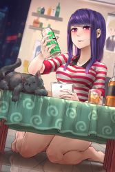 Rule 34 | 1girl, alcohol, alternate hairstyle, apple inc., barefoot, beer can, black cat, blush, brand name imitation, breasts, can, cat, drink can, drunk, fore, hair down, highres, ice, ice cube, jill stingray, knees together feet apart, medium breasts, mr.lime, pink eyes, poster (object), purple hair, striped, sweatdrop, swept bangs, table, toes, va-11 hall-a, whiskey