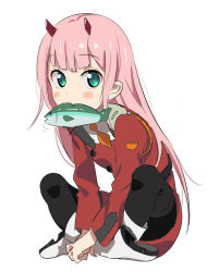 Rule 34 | 10s, 1girl, aged down, black pantyhose, blush, boots, commentary, darling in the franxx, fang, fish, fish in mouth, food in mouth, full body, green eyes, horns, indian style, long hair, long sleeves, looking at viewer, military, military uniform, mouth hold, pantyhose, pink hair, senjitsu musou, shoes, sidelocks, simple background, sitting, solo, straight hair, uniform, white background, white footwear, zero two (darling in the franxx)