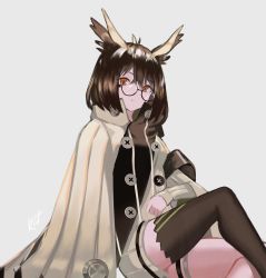 Rule 34 | 1girl, absurdres, arknights, armband, artist name, bad id, bad pixiv id, black-framed eyewear, black thighhighs, breasts, brown hair, buttons, closed mouth, coat, commentary, feather hair, glasses, grey background, hair between eyes, highres, kit, long sleeves, looking at viewer, medium breasts, orange eyes, short hair, signature, silence (arknights), simple background, single thighhigh, sitting, solo, thigh strap, thighhighs, white coat
