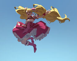Rule 34 | 1girl, :d, blonde hair, blue background, boots, cure peach, dress, earrings, ffgghhjj, fresh precure!, frilled dress, frills, hair ornament, heart, heart earrings, heart hair ornament, highres, jewelry, jumping, momozono love, open mouth, outstretched hand, pink footwear, precure, red eyes, ribbon, simple background, sky, smile, twintails, wrist cuffs