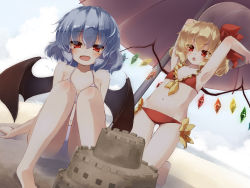Rule 34 | 2girls, alternate costume, armpits, arms up, ball, barefoot, bat wings, beach umbrella, beachball, bikini, blonde hair, blue hair, blush, day, fang, flandre scarlet, flat chest, front-tie top, gengetsu chihiro, groin, hat, highres, looking at viewer, multiple girls, navel, open mouth, red bikini, red eyes, remilia scarlet, sand castle, sand sculpture, short hair, side ponytail, smile, swimsuit, touhou, umbrella, white bikini, wings