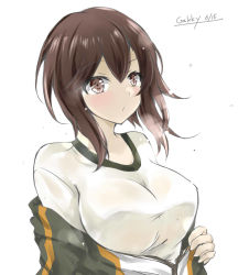 Rule 34 | 1girl, black hair, breasts, brown eyes, commentary request, gakky, gym shirt, hayasui (kancolle), jacket, kantai collection, large breasts, multicolored clothes, multicolored jacket, one-hour drawing challenge, open clothes, open jacket, shirt, short hair, simple background, solo, sweat, t-shirt, track jacket, upper body, white background, white shirt