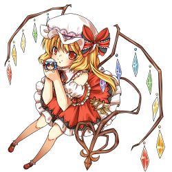 Rule 34 | 1girl, :x, bare shoulders, blonde hair, blue hair, bow, character doll, embellished costume, female focus, flandre scarlet, frills, full body, hat, highres, jitome, laevatein, ponytail, red eyes, remilia scarlet, ribbon, short hair, side ponytail, smile, solo, tail, touhou, transparent background, wings, yui (daijun)