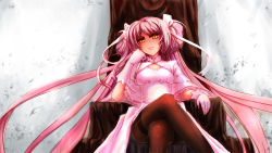 Rule 34 | 10s, 1girl, bookseve, brown pantyhose, crossed legs, frown, gloves, highres, kaname madoka, long hair, magical girl, mahou shoujo madoka magica, mahou shoujo madoka magica (anime), pantyhose, pink hair, sitting, solo, spoilers, thighband pantyhose, throne, twintails, two side up, ultimate madoka, very long hair, white gloves