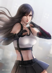 Rule 34 | 1girl, arm guards, artist name, backlighting, black bra, black gloves, black skirt, bra, breasts, brown hair, clenched hands, closed mouth, collarbone, commentary, cowboy shot, crop top, dated, earrings, elbow gloves, eyes visible through hair, fighting stance, final fantasy, final fantasy vii, final fantasy vii remake, fingerless gloves, floating hair, glint, gloves, hair between eyes, jewelry, large breasts, leirix, lips, lipstick, long hair, looking at viewer, makeup, midriff, miniskirt, navel, parted bangs, pleated skirt, red eyes, signature, skirt, smile, solo, sports bra, suspender skirt, suspenders, symbol-only commentary, tank top, taut clothes, tifa lockhart, underwear, white tank top
