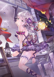 Rule 34 | 1girl, ankle lace-up, back, bad id, bad pixiv id, bare shoulders, barefoot, blue eyes, book, breasts, cat, cross-laced footwear, curtains, dress, earrings, elbow gloves, flower, gloves, hair flower, hair ornament, highres, indoors, jewelry, lantern, light bulb, long hair, original, ponytail, sideboob, silver hair, solo, tom sun, window