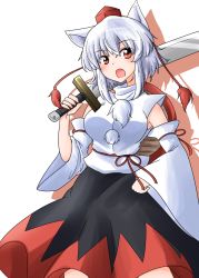 Rule 34 | 1girl, animal ears, bare shoulders, breasts, detached sleeves, fang, hat, highres, inubashiri momiji, leaf, looking at viewer, open mouth, oshiaki, pom pom (clothes), red eyes, shield, short hair, silver hair, simple background, solo, split mouth, sword, tail, tokin hat, touhou, weapon, white background, wide sleeves, wolf ears, wolf tail