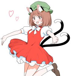 Rule 34 | 1girl, :d, adapted costume, animal ear fluff, animal ear piercing, animal ears, arms up, blush, bob cut, bow, bowtie, breasts, brown eyes, brown hair, cat ears, cat tail, chen, commentary request, dress, earrings, eyelashes, green hat, hat, heart, highres, jewelry, knees together feet apart, medium hair, mob cap, multiple tails, nekomata, open mouth, outstretched arms, puffy short sleeves, puffy sleeves, red dress, shiisuu rattamu, short sleeves, simple background, single earring, small breasts, smile, solo, standing, standing on one leg, tail, teeth, touhou, two tails, upper teeth only, white background, white bow, white bowtie