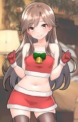 Rule 34 | 1girl, alternate costume, arashio (kancolle), bandeau, bed, bed sheet, bedroom, blurry, blurry background, breasts, brown eyes, brown hair, brown thighhighs, christmas, crop top, furaggu (frag 0416), gloves, highres, indoors, kantai collection, long hair, pillow, red skirt, santa costume, skirt, small breasts, smile, solo, thighhighs