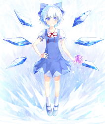 Rule 34 | 1girl, arctic, bad id, bad pixiv id, blouse, blue eyes, blue hair, bow, cirno, collared shirt, dress, flower, hair bow, hair ribbon, hand on own hip, ice, ice wings, matching hair/eyes, puffy sleeves, ribbon, shirt, short hair, short sleeves, smile, socks, solo, touhou, white shirt, white socks, wings