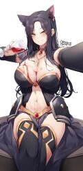 Rule 34 | 1girl, absurdres, alcohol, animal ears, armor, aurora (kage no jitsuryokusha ni naritakute!), black hair, black thighhighs, breasts, brooch, capelet, cat ears, center opening, choker, cleavage, cup, ddangbi, delta (kage no jitsuryokusha ni naritakute!), detached sleeves, drinking glass, faulds, gamma (kage no jitsuryokusha ni naritakute!), gold trim, grin, highres, holding, holding cup, jewelry, kage no jitsuryokusha ni naritakute!, large breasts, long hair, long sleeves, looking at viewer, navel, necklace, original, outstretched arm, parted bangs, pelvic curtain, pouring, pouring onto self, revealing clothes, selfie, simple background, sitting, smile, solo, stomach, thighhighs, thighs, white background, wine, wine glass, yellow choker, yellow eyes