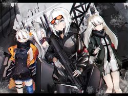 Rule 34 | 4girls, \||/, absurdres, argyle, blue thighhighs, breasts, bullpup, cleavage, closed mouth, clothing request, collared jacket, commentary, dot nose, expressionless, fingerless gloves, general-purpose machine gun, girls&#039; frontline, gloves, goggles, green eyes, grey eyes, gun, h&amp;k mg4, h&amp;k mg5, hair between eyes, hair over one eye, highres, holding, holding gun, holding weapon, jacket, kel-tec ksg, ksg (girls&#039; frontline), legs apart, long hair, long sleeves, looking at viewer, machine gun, mg4 (girls&#039; frontline), mg5 (girls&#039; frontline), multiple girls, off shoulder, open clothes, open jacket, outdoors, pkp (girls&#039; frontline), pnatsu, pump action, ruins, shield module, short hair, shotgun, side ponytail, single thighhigh, thigh strap, thighhighs, weapon, white hair, yellow eyes