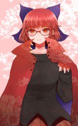 Rule 34 | 1girl, arano oki, bespectacled, black shirt, blue bow, blush, bow, cape, collarbone, commentary request, glasses, hair bow, hand up, high collar, long sleeves, looking at viewer, pink background, red-framed eyewear, red cape, red eyes, red hair, red skirt, sekibanki, shirt, short hair, skirt, slit throat, smile, solo, touhou, upper body