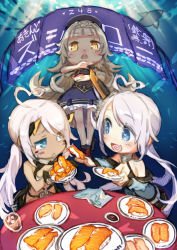 Rule 34 | 3girls, :d, ahoge, azur lane, beret, blue eyes, book, breasts, chibi, cleavage, cola, commentary request, drinking straw, fish, food, glass, hat, heart, heart-shaped pupils, heart in mouth, heterochromia, indianapolis (azur lane), jacket, long hair, multiple girls, nekomanma-sensei, ocean, open mouth, plate, portland (azur lane), side ponytail, silver hair, smile, sushi, symbol-shaped pupils, translation request, twintails, yellow eyes, z46 (azur lane)