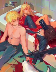 Rule 34 | assault rifle, bathtub, black necktie, blonde hair, blood, blood on hands, brown hair, chainsaw man, closed eyes, commentary, denji (chainsaw man), english commentary, formal, gun, gun devil (chainsaw man), hair between eyes, hayakawa aki, highres, horns, kiunchiku, meowy (chainsaw man), necktie, pool of blood, power (chainsaw man), pull cord, red horns, rifle, spoilers, suit, toned, toned male, topless male, weapon, yellow eyes