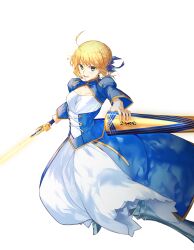 Rule 34 | 1girl, absurdres, armored boots, artoria pendragon (all), artoria pendragon (fate), avalon (fate/stay night), blonde hair, blue dress, blue ribbon, boots, braid, breasts, cleavage, cleavage cutout, clothing cutout, commentary request, dress, excalibur (fate/stay night), fate/grand order, fate (series), french braid, green eyes, highres, juliet sleeves, kuroaki, long sleeves, looking at viewer, puffy sleeves, ribbon, saber (fate), small breasts, solo, sword, transparent background, weapon, white dress