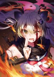 Rule 34 | 1girl, ahoge, animal ears, black hair, black sailor collar, black scarf, blood, blood on face, blue archive, bridal gauntlets, commentary request, fang, fire, halo, highres, kuria (clear trip second), long hair, looking at viewer, michiru (blue archive), multicolored hair, neckerchief, open mouth, pink halo, red neckerchief, sailor collar, scarf, single bridal gauntlet, solo, streaked hair, twintails, upper body, white hair, yellow eyes