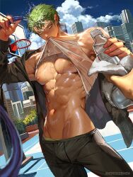 Rule 34 | 1boy, abs, bare pectorals, black jacket, black pants, bottle, cloud, day, green hair, holding, holding bottle, jacket, male focus, navel, nipples, one piece, open clothes, open jacket, outdoors, pants, pectorals, roronoa zoro, runa (nori31291404), scar, scar on chest, shirt, short hair, sky, solo focus, towel, water bottle, wet, wet clothes, wet hair, white shirt