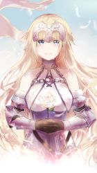 Rule 34 | 1girl, armor, black gloves, blonde hair, blue eyes, blue sleeves, blush, chain, closed mouth, detached sleeves, fate/apocrypha, fate (series), feathers, floating hair, flower, fur-trimmed sleeves, fur trim, gloves, headpiece, highres, holding, holding flower, interlocked fingers, jeanne d&#039;arc (fate), jeanne d&#039;arc (ruler) (fate), jeanne d&#039;arc (third ascension) (fate), lilith ker, long hair, long sleeves, looking at viewer, own hands clasped, own hands together, rose, smile, solo, standing, very long hair, white feathers, white flower, white rose