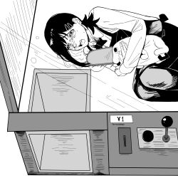 Rule 34 | 1girl, absurdres, apron, artist name, black apron, chainsaw man, character doll, commentary, crane game, crying, english commentary, fetal position, greyscale, hair ornament, hairclip, higashiyama kobeni, highres, holding, lying, monochrome, on side, pastepiphany, pochita (chainsaw man), puddle, signature, snot, solo, tears