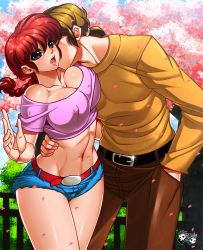 Rule 34 | 1boy, 1girl, bare shoulders, belt, breast press, breasts, cherry blossoms, cleavage, covered erect nipples, crop top, curvy, denim, denim shorts, gender request, genderswap, happy, hetero, jadenkaiba, kiss, large breasts, long hair, navel, no bra, open mouth, ponytail, purple eyes, ranma-chan, ranma 1/2, red hair, saotome ranma, shiny skin, short shorts, shorts, smile, stomach, wide hips