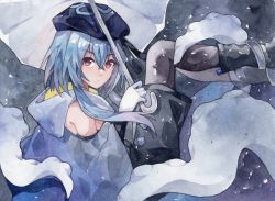 Rule 34 | 1boy, arknights, bare shoulders, black shorts, blue hair, blue sweater, boots, brown eyes, cotayomengmiao, hat, highres, holding, holding umbrella, hood, hood down, looking at viewer, lying, mizuki (arknights), on side, painting (medium), shorts, snowing, solo, sweater, tentacles, thighhighs, traditional media, umbrella, watercolor (medium)