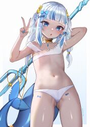 Rule 34 | 1girl, absurdres, bikini, blue eyes, blue hair, blunt bangs, blush, fins, fish tail, flat chest, gawr gura, grey hair, hair ornament, highres, holding trident, hololive, hololive english, kkato, long hair, looking at viewer, multicolored hair, navel, open mouth, polearm, shark girl, shark tail, solo, streaked hair, swimsuit, tail, trident, two side up, virtual youtuber, weapon, white background, white bikini