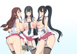 Rule 34 | 10s, 3girls, :d, agano (kancolle), arm around waist, ass, asymmetrical docking, bad id, bad pixiv id, bare shoulders, between breasts, black hair, blue eyes, blush, braid, breast press, breasts, breasts out, brown eyes, brown hair, censored, cleavage, convenient censoring, cowboy shot, detached collar, elbow gloves, embarrassed, female focus, female pubic hair, from side, garter straps, gloves, green eyes, grey legwear, groin, hair between eyes, halftone, halftone background, high ponytail, highres, huge breasts, kantai collection, kirise mitsuru, large areolae, large breasts, light smile, long hair, looking at viewer, looking back, microskirt, midriff, multiple girls, navel, necktie, nipples, no bra, no panties, nose blush, noshiro (kancolle), open mouth, orange eyes, parted bangs, personification, pleated skirt, ponytail, profile, pubic hair, puffy nipples, red eyes, school uniform, scrunchie, serafuku, shiny skin, sidelocks, single thighhigh, skirt, smile, standing, strapless, thighhighs, tube top, twin braids, very long hair, white gloves, yahagi (kancolle)