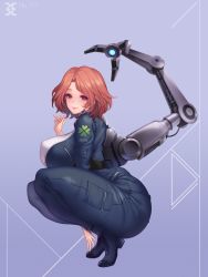 Rule 34 | 1girl, blue bodysuit, blush, bodysuit, breasts, clover, fortune (last origin), highres, huge breasts, last origin, looking at viewer, looking to the side, parted bangs, red eyes, red hair, revision, short hair, smile, solo, squatting, toriseru (rare stone)